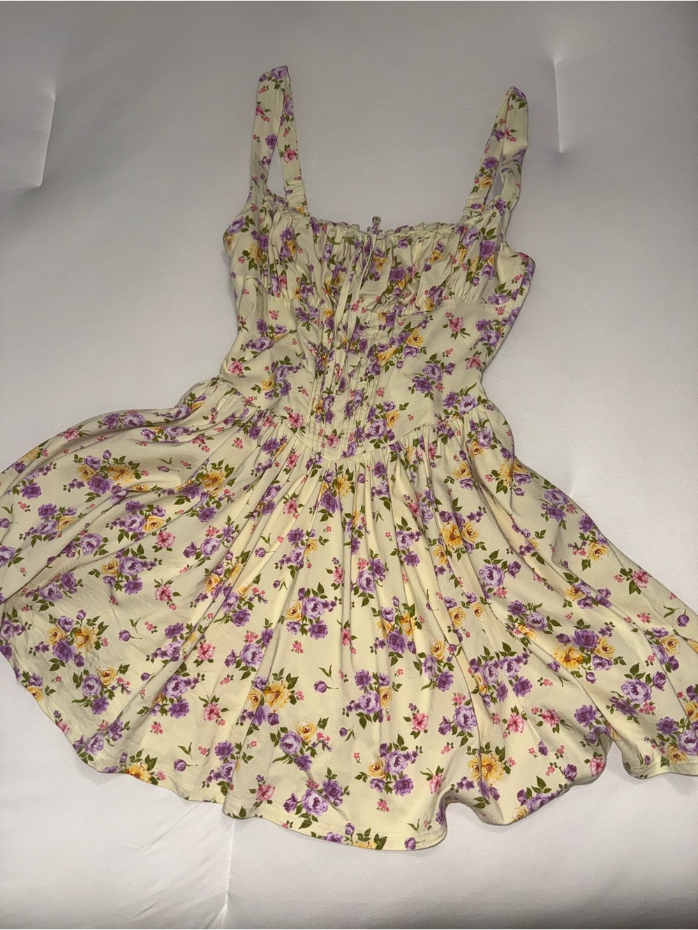 Fashion Nova Cream Mini Dress with Purple & Yellow Floral Print